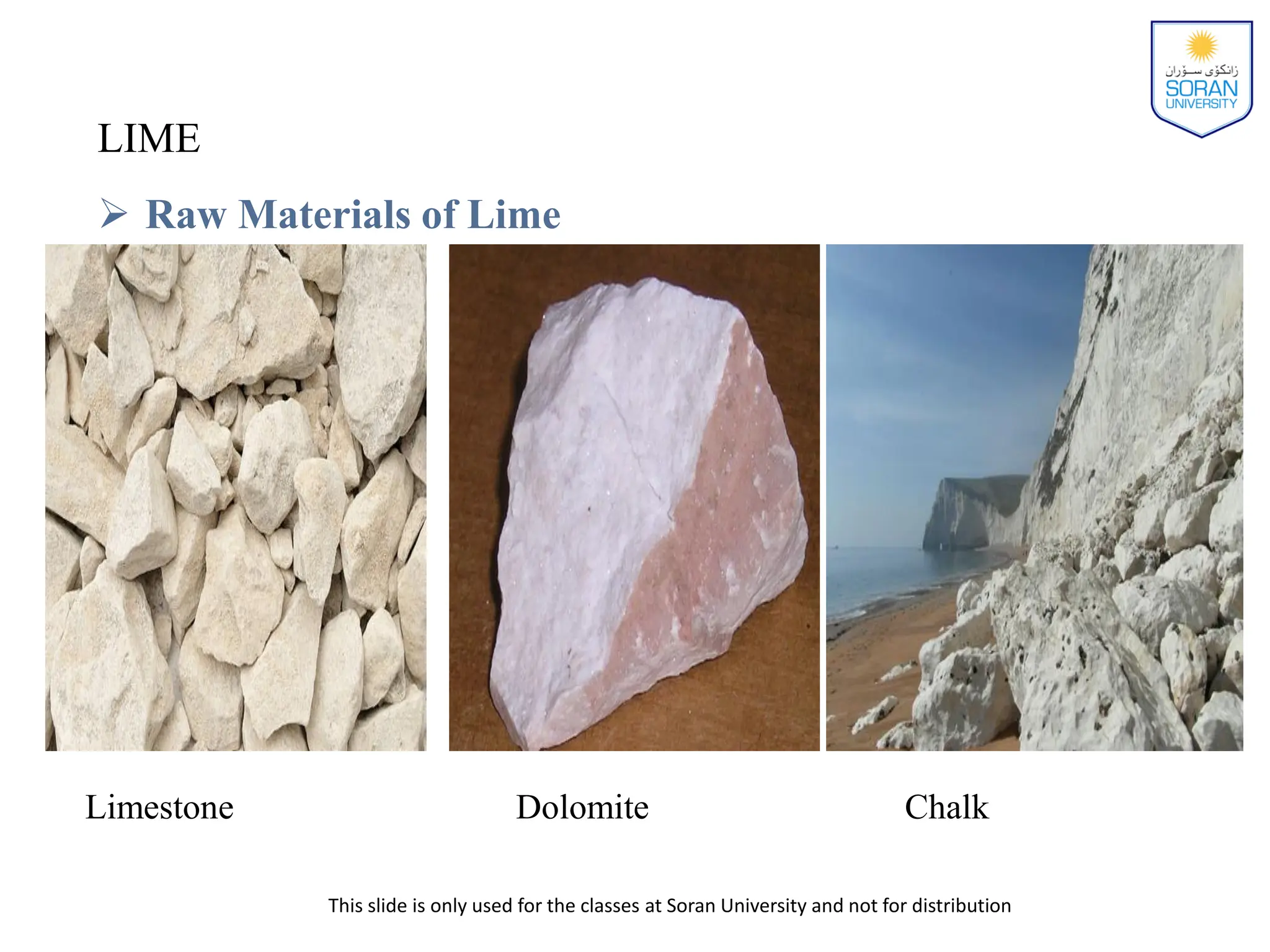 This slide is only used for the classes at Soran University and not for distribution
LIME
 Raw Materials of Lime
Limestone Dolomite Chalk
 