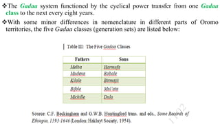 The Gadaa system functioned by the cyclical power transfer from one Gadaa
class to the next every eight years.
With some minor differences in nomenclature in different parts of Oromo
territories, the five Gadaa classes (generation sets) are listed below:
 