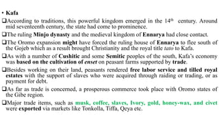 • Kafa
According to traditions, this powerful kingdom emerged in the 14th century. Around
mid seventeenth century, the state had come to prominence.
The ruling Minjo dynasty and the medieval kingdom of Ennarya had close contact.
The Oromo expansion might have forced the ruling house of Ennarya to flee south of
the Gojeb which as a result brought Christianity and the royal title tato to Kafa.
As with a number of Cushitic and some Semitic peoples of the south, Kafa’s economy
was based on the cultivation of enset on peasant farms supported by trade.
Besides working on their land, peasants rendered free labor service and tilled royal
estates with the support of slaves who were acquired through raiding or trading, or as
payment for debt.
As far as trade is concerned, a prosperous commerce took place with Oromo states of
the Gibe region.
Major trade items, such as musk, coffee, slaves, Ivory, gold, honey-wax, and civet
were exported via markets like Tonkolla, Tiffa, Qeya etc.
 