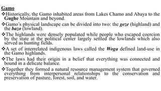 Gamo
Historically, the Gamo inhabited areas from Lakes Chamo and Abaya to the
Gughe Mountain and beyond.
Gamo’s physical landscape can be divided into two: the geze (highland) and
the bazo (lowland).
The highlands were densely populated while people who escaped coercion
by the state at the political center largely settled the lowlands which also
served as hunting fields.
A set of interrelated indigenous laws called the Woga defined land-use in
the Gamo highlands.
The laws had their origin in a belief that everything was connected and
bound in a delicate balance.
Together they formed a natural resource management system that governed
everything from interpersonal relationships to the conservation and
preservation of pasture, forest, soil, and water.
 