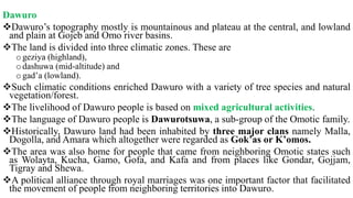 Dawuro
Dawuro’s topography mostly is mountainous and plateau at the central, and lowland
and plain at Gojeb and Omo river basins.
The land is divided into three climatic zones. These are
ogeziya (highland),
odashuwa (mid-altitude) and
ogad’a (lowland).
Such climatic conditions enriched Dawuro with a variety of tree species and natural
vegetation/forest.
The livelihood of Dawuro people is based on mixed agricultural activities.
The language of Dawuro people is Dawurotsuwa, a sub-group of the Omotic family.
Historically, Dawuro land had been inhabited by three major clans namely Malla,
Dogolla, and Amara which altogether were regarded as Gok’as or K’omos.
The area was also home for people that came from neighboring Omotic states such
as Wolayta, Kucha, Gamo, Gofa, and Kafa and from places like Gondar, Gojjam,
Tigray and Shewa.
A political alliance through royal marriages was one important factor that facilitated
the movement of people from neighboring territories into Dawuro.
 