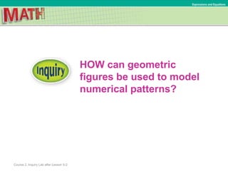 HOW can geometric
figures be used to model
numerical patterns?
Course 2, Inquiry Lab after Lesson 5-2
Expressions and Equations
 