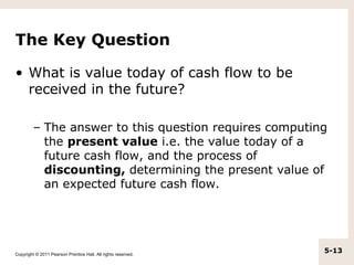 The Key Question

• What is value today of cash flow to be
  received in the future?

         – The answer to this question requires computing
           the present value i.e. the value today of a
           future cash flow, and the process of
           discounting, determining the present value of
           an expected future cash flow.




Copyright © 2011 Pearson Prentice Hall. All rights reserved.
                                                               5-13
 