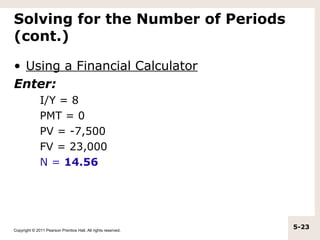 Solving for the Number of Periods
(cont.)

• Using a Financial Calculator
Enter:
              I/Y = 8
              PMT = 0
              PV = -7,500
              FV = 23,000
              N = 14.56




Copyright © 2011 Pearson Prentice Hall. All rights reserved.
                                                               5-23
 