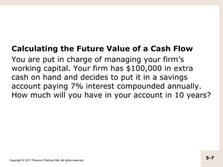 Calculating the Future Value of a Cash Flow
 You are put in charge of managing your firm’s
 working capital. Your firm has $100,000 in extra
 cash on hand and decides to put it in a savings
 account paying 7% interest compounded annually.
 How much will you have in your account in 10 years?




Copyright © 2011 Pearson Prentice Hall. All rights reserved.
                                                               5-7
 