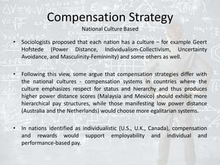 Compensation Strategy
National Culture Based
• Sociologists proposed that each nation has a culture – for example Geert
Hofstede (Power Distance, Individualism-Collectivism, Uncertainty
Avoidance, and Masculinity-Femininity) and some others as well.
• Following this view, some argue that compensation strategies differ with
the national cultures - compensation systems in countries where the
culture emphasizes respect for status and hierarchy and thus produces
higher power distance scores (Malaysia and Mexico) should exhibit more
hierarchical pay structures, while those manifesting low power distance
(Australia and the Netherlands) would choose more egalitarian systems.
• In nations identified as individualistic (U.S., U.K., Canada), compensation
and rewards would support employability and individual and
performance-based pay.
 