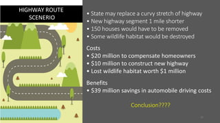 • State may replace a curvy stretch of highway
• New highway segment 1 mile shorter
• 150 houses would have to be removed
• Some wildlife habitat would be destroyed
HIGHWAY ROUTE
SCENERIO
20
Costs
• $20 million to compensate homeowners
• $10 million to construct new highway
• Lost wildlife habitat worth $1 million
Benefits
• $39 million savings in automobile driving costs
Conclusion????
 