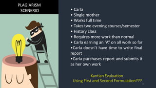 PLAGIARISM
SCENERIO • Carla
• Single mother
• Works full time
• Takes two evening courses/semester
• History class
• Requires more work than normal
• Carla earning an “A” on all work so far
•Carla doesn’t have time to write final
report
•Carla purchases report and submits it
as her own work
Kantian Evaluation
Using First and Second Formulation???
32
 