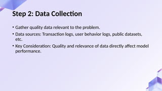 Step 2: Data Collection
• Gather quality data relevant to the problem.
• Data sources: Transaction logs, user behavior logs, public datasets,
etc.
• Key Consideration: Quality and relevance of data directly affect model
performance.
 