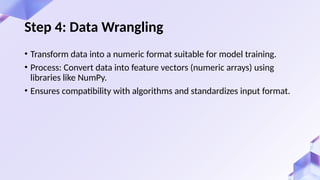 Step 4: Data Wrangling
• Transform data into a numeric format suitable for model training.
• Process: Convert data into feature vectors (numeric arrays) using
libraries like NumPy.
• Ensures compatibility with algorithms and standardizes input format.
 