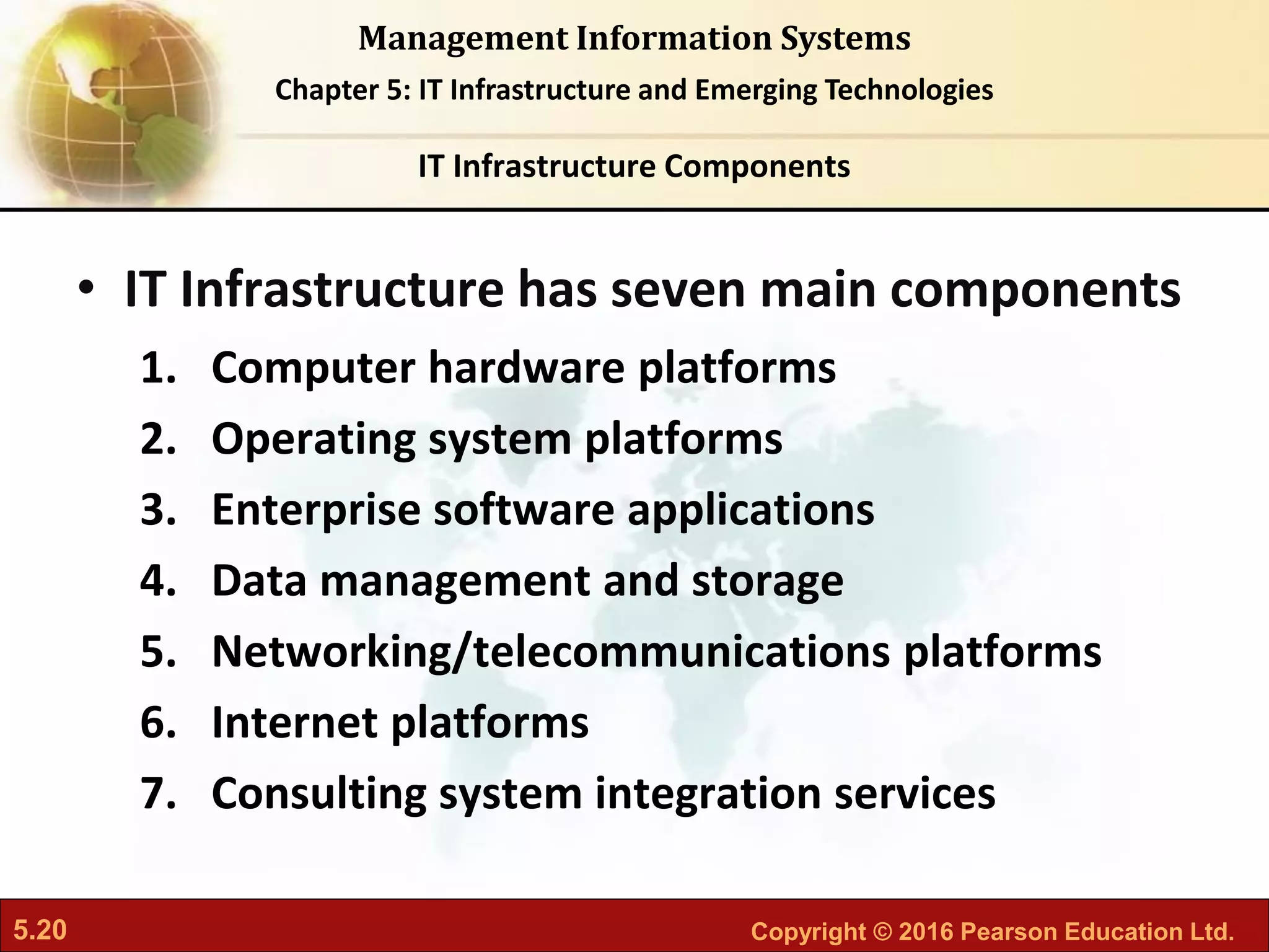 5.20 Copyright © 2016 Pearson Education Ltd.
Management Information Systems
Chapter 5: IT Infrastructure and Emerging Technologies
• IT Infrastructure has seven main components
1. Computer hardware platforms
2. Operating system platforms
3. Enterprise software applications
4. Data management and storage
5. Networking/telecommunications platforms
6. Internet platforms
7. Consulting system integration services
IT Infrastructure Components
 