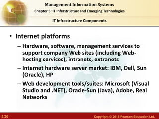 5.26 Copyright © 2016 Pearson Education Ltd.
Management Information Systems
Chapter 5: IT Infrastructure and Emerging Technologies
• Internet platforms
– Hardware, software, management services to
support company Web sites (including Web-
hosting services), intranets, extranets
– Internet hardware server market: IBM, Dell, Sun
(Oracle), HP
– Web development tools/suites: Microsoft (Visual
Studio and .NET), Oracle-Sun (Java), Adobe, Real
Networks
IT Infrastructure Components
 