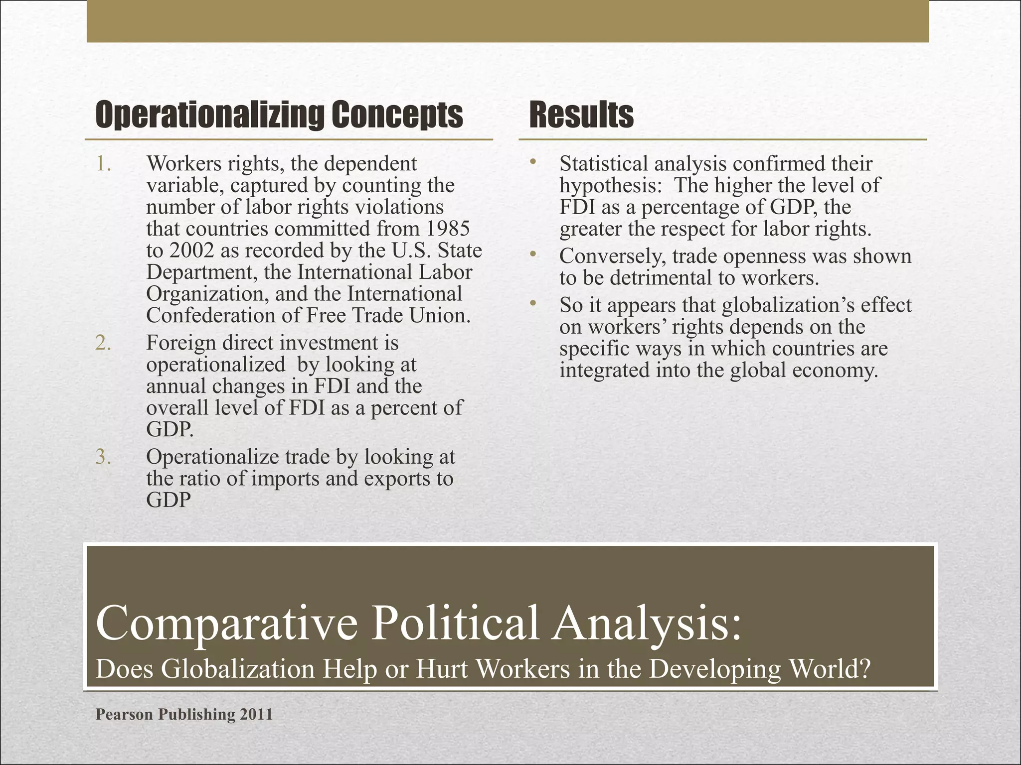 Operationalizing Concepts

Results

1.

• Statistical analysis confirmed their
hypothesis: The higher the level of
FDI as a percentage of GDP, the
greater the respect for labor rights.
• Conversely, trade openness was shown
to be detrimental to workers.
• So it appears that globalization’s effect
on workers’ rights depends on the
specific ways in which countries are
integrated into the global economy.

2.

3.

Workers rights, the dependent
variable, captured by counting the
number of labor rights violations
that countries committed from 1985
to 2002 as recorded by the U.S. State
Department, the International Labor
Organization, and the International
Confederation of Free Trade Union.
Foreign direct investment is
operationalized by looking at
annual changes in FDI and the
overall level of FDI as a percent of
GDP.
Operationalize trade by looking at
the ratio of imports and exports to
GDP

Comparative Political Analysis:
Does Globalization Help or Hurt Workers in the Developing World?
Pearson Publishing 2011

 