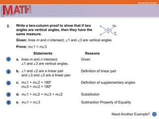 1
Need Another Example?
2
3
4
Step-by-Step Example
2. Write a two-column proof to show that if two
angles are vertical angles, then they have the
same measure.
Statements
lines m and n intersect;
∠1 and ∠3 are vertical angles.
Given: lines m and n intersect; ∠1 and ∠3 are vertical angles
Prove: m∠1 = m∠3
Reasons
a. Given
∠1 and ∠2 are a linear pair
and ∠3 and ∠2 are a linear pair.
b. Definition of linear pair
m∠1 + m∠2 = 180º
m∠3 + m∠2 = 180º
c. Definition of supplementary angles
m∠1 + m∠2 = m∠3 + m∠2d. Substitution
5 m∠1 = m∠3 Subtraction Property of Equalitye.
 