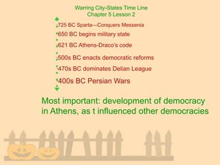 Warring City-States Time Line
               Chapter 5 Lesson 2
   ·725 BC Sparta—Conquers Messenia
   ·650 BC begins military state
   ·621 BC Athens-Draco’s code

   ·500s BC enacts democratic reforms
   ·470s BC dominates Delian League

   ·400s BC Persian Wars

Most important: development of democracy
in Athens, as t influenced other democracies
 