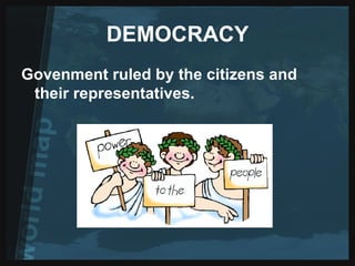 DEMOCRACY Govenment ruled by the citizens and their representatives.