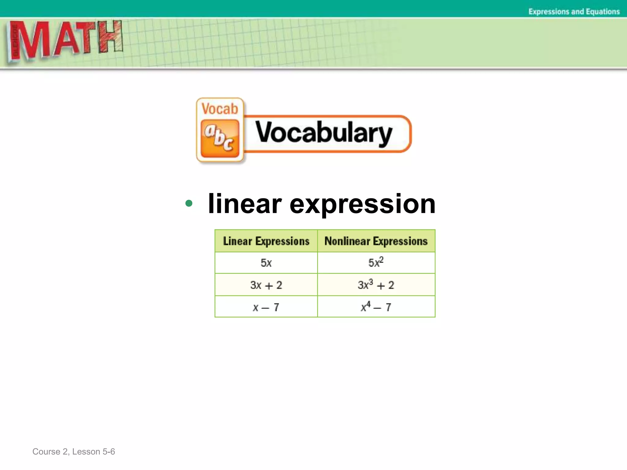 Course 2, Lesson 5-6
Expressions and Equations
• linear expression
 