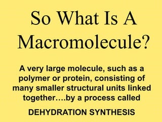So What Is A
Macromolecule?
A very large molecule, such as a
polymer or protein, consisting of
many smaller structural units linked
together….by a process called
DEHYDRATION SYNTHESIS
 