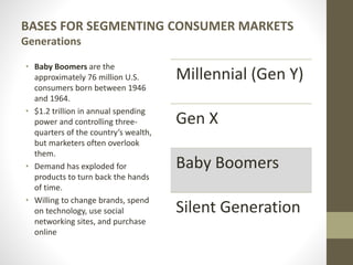 BASES FOR SEGMENTING CONSUMER MARKETS
Generations
• Baby Boomers are the
approximately 76 million U.S.
consumers born between 1946
and 1964.
• $1.2 trillion in annual spending
power and controlling three-
quarters of the country’s wealth,
but marketers often overlook
them.
• Demand has exploded for
products to turn back the hands
of time.
• Willing to change brands, spend
on technology, use social
networking sites, and purchase
online
Millennial (Gen Y)
Gen X
Baby Boomers
Silent Generation
 