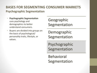 BASES FOR SEGMENTING CONSUMER MARKETS
Psychographic Segmentation
• Psychographic Segmentation
uses psychology and
demographics to better
understand consumers.
• Buyers are divided into groups on
the basis of psychological/
personality traits, lifestyle, or
values.
Geographic
Segmentation
Demographic
Segmentation
Psychographic
Segmentation
Behavioral
Segmentation
 