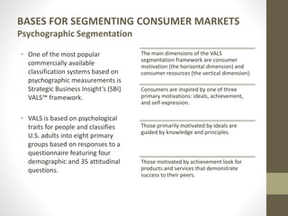 BASES FOR SEGMENTING CONSUMER MARKETS
Psychographic Segmentation
• One of the most popular
commercially available
classification systems based on
psychographic measurements is
Strategic Business Insight’s (SBI)
VALS™ framework.
• VALS is based on psychological
traits for people and classifies
U.S. adults into eight primary
groups based on responses to a
questionnaire featuring four
demographic and 35 attitudinal
questions.
The main dimensions of the VALS
segmentation framework are consumer
motivation (the horizontal dimension) and
consumer resources (the vertical dimension).
Consumers are inspired by one of three
primary motivations: ideals, achievement,
and self-expression.
Those primarily motivated by ideals are
guided by knowledge and principles.
Those motivated by achievement look for
products and services that demonstrate
success to their peers.
 