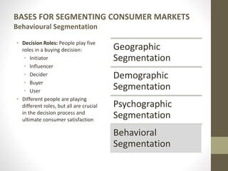 BASES FOR SEGMENTING CONSUMER MARKETS
Behavioural Segmentation
• Decision Roles: People play five
roles in a buying decision:
• Initiator
• Influencer
• Decider
• Buyer
• User
• Different people are playing
different roles, but all are crucial
in the decision process and
ultimate consumer satisfaction
Geographic
Segmentation
Demographic
Segmentation
Psychographic
Segmentation
Behavioral
Segmentation
 