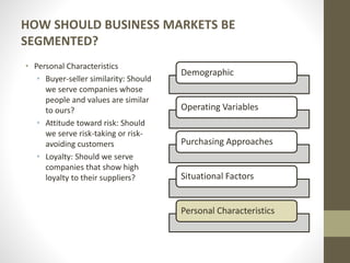 HOW SHOULD BUSINESS MARKETS BE
SEGMENTED?
• Personal Characteristics
• Buyer-seller similarity: Should
we serve companies whose
people and values are similar
to ours?
• Attitude toward risk: Should
we serve risk-taking or risk-
avoiding customers
• Loyalty: Should we serve
companies that show high
loyalty to their suppliers?
Demographic
Operating Variables
Purchasing Approaches
Situational Factors
Personal Characteristics
 