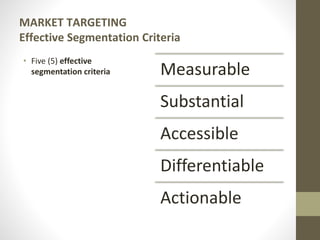 MARKET TARGETING
Effective Segmentation Criteria
• Five (5) effective
segmentation criteria Measurable
Substantial
Accessible
Differentiable
Actionable
 