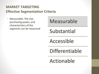 MARKET TARGETING
Effective Segmentation Criteria
• Measurable: The size,
purchasing power, and
characteristics of the
segments can be measured
Measurable
Substantial
Accessible
Differentiable
Actionable
 
