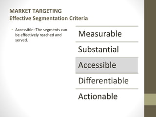 MARKET TARGETING
Effective Segmentation Criteria
• Accessible: The segments can
be effectively reached and
served.
Measurable
Substantial
Accessible
Differentiable
Actionable
 