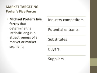 MARKET TARGETING
Porter’s Five Forces
• Michael Porter’s five
forces that
determine the
intrinsic long-run
attractiveness of a
market or market
segment:
Industry competitors
Potential entrants
Substitutes
Buyers
Suppliers
 