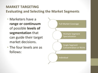 MARKET TARGETING
Evaluating and Selecting the Market Segments
• Marketers have a
range or continuum
of possible levels of
segmentation that
can guide their target
market decisions.
• The four levels are as
follows:
Full Market Coverage
Multiple Segment
Specialization
Single Segment
Concentration or Niche
Individual
 