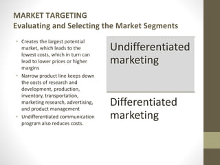MARKET TARGETING
Evaluating and Selecting the Market Segments
• Creates the largest potential
market, which leads to the
lowest costs, which in turn can
lead to lower prices or higher
margins
• Narrow product line keeps down
the costs of research and
development, production,
inventory, transportation,
marketing research, advertising,
and product management
• Undifferentiated communication
program also reduces costs.
Undifferentiated
marketing
Differentiated
marketing
 