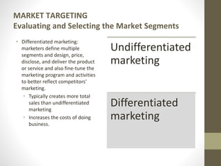 MARKET TARGETING
Evaluating and Selecting the Market Segments
• Differentiated marketing:
marketers define multiple
segments and design, price,
disclose, and deliver the product
or service and also fine-tune the
marketing program and activities
to better reflect competitors’
marketing.
• Typically creates more total
sales than undifferentiated
marketing
• Increases the costs of doing
business.
Undifferentiated
marketing
Differentiated
marketing
 
