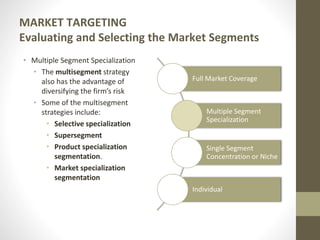 MARKET TARGETING
Evaluating and Selecting the Market Segments
• Multiple Segment Specialization
• The multisegment strategy
also has the advantage of
diversifying the firm’s risk
• Some of the multisegment
strategies include:
• Selective specialization
• Supersegment
• Product specialization
segmentation.
• Market specialization
segmentation
Full Market Coverage
Multiple Segment
Specialization
Single Segment
Concentration or Niche
Individual
 