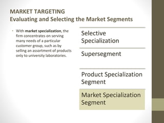 MARKET TARGETING
Evaluating and Selecting the Market Segments
• With market specialization, the
firm concentrates on serving
many needs of a particular
customer group, such as by
selling an assortment of products
only to university laboratories.
Selective
Specialization
Supersegment
Product Specialization
Segment
Market Specialization
Segment
 