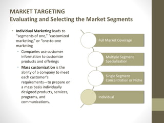 MARKET TARGETING
Evaluating and Selecting the Market Segments
• Individual Marketing leads to
“segments of one,” “customized
marketing,” or “one-to-one
marketing
• Companies use customer
information to customize
products and offerings
• Mass customization is the
ability of a company to meet
each customer’s
requirements—to prepare on
a mass basis individually
designed products, services,
programs, and
communications.
Full Market Coverage
Multiple Segment
Specialization
Single Segment
Concentration or Niche
Individual
 