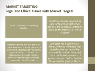 MARKET TARGETING
Legal and Ethical Issues with Market Targets
Some consumers resist being
labeled
Market targeting also can generate
public controversy when marketers
take unfair advantage of vulnerable
groups (such as children) or
disadvantaged groups (such as
inner-city residents) or promote
potentially harmful products
Socially responsible marketing
calls for targeting that serves
not only the company’s interests
but also the interests of those
targeted
Campaign for a Commercial-
Free Childhood members feel
preschoolers are incredibly
susceptible to advertising and
that schools’ endorsements of
products make children believe
the product is good for them.
 