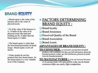 BRAND
 Brand equity is the value of the
 business above the value of
                                        FACTORS DETERMINING
 physical assets.                        BRAND EQUITY :
 So if the value of the business is    Brand loyalty
 rs. 10 lakhs & the value of its        Brand Awareness
 physical assets like land and
 building are Rs. 8 lakhs then the      Perceived Quality of the Brand
 brand equity is 2 lakhs
                                        Brand Association
 The brand equity is wider than        Brand Assets
 the term brand personality & brand    ADVANTAGES OF BRAND EQUITY :
 image . Brand equity covers all
 factors                               TO CONSUMER : a) consumer can purchase branded
                                         products with confidence (b) they get full information about the
                                         branded products (c)they get full satisfaction, pleasure & pride
 Today people do not buy                from the branded products.
 products they buy brand names. So
 the brand equity is a very valuable   TO MANUFACTURER : a) he can increase the price
 asset of the company                    of his product (b)he will earn profits (c)he can do brand
                                         extension (d)he can easily fight competition
 