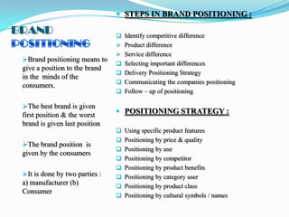  STEPS IN BRAND POSITIONING :

BRAND                            Identify competitive difference
                                 Product difference
                                 Service difference
 Brand positioning means to
                                 Selecting important differences
 give a position to the brand
                                 Delivery Positioning Strategy
 in the minds of the
                                 Communicating the companies positioning
 consumers.
                                 Follow – up of positioning

 The best brand is given
 first position & the worst      POSITIONING STRATEGY :
 brand is given last position
                                 Using specific product features
                                 Positioning by price & quality
 The brand position is
                                 Positioning by use
 given by the consumers
                                 Positioning by competitor
                                 Positioning by product benefits
 It is done by two parties :    Positioning by category user
 a) manufacturer (b)             Positioning by product class
 Consumer
                                 Positioning by cultural symbols / names
 