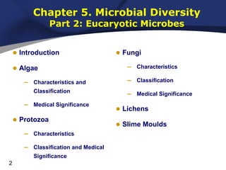 Chapter 5. Microbial Diversity
Part 2: Eucaryotic Microbes

• Introduction

• Fungi

• Algae

–

Characteristics

–

Characteristics and

–

Classification

Classification

–

Medical Significance

–

Medical Significance

• Protozoa
–

Characteristics

–

Classification and Medical
Significance

2

• Lichens
• Slime Moulds

 