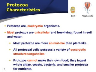 Protozoa

Characteristics

• Protozoa are, eucaryotic organisms.
• Most protozoa are unicellular and free-living; found in soil
and water.
• Most protozoa are more animal-like than plant-like.
• All protozoal cells possess a variety of eucaryotic
structures/organelles.

6

• Protozoa cannot make their own food; they ingest
whole algae, yeasts, bacteria, and smaller protozoa
for nutrients.

 