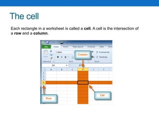 The cell
Each rectangle in a worksheet is called a cell. A cell is the intersection of
a row and a column.
 