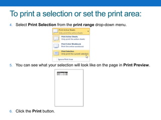 To print a selection or set the print area:
4. Select Print Selection from the print range drop-down menu.
5. You can see what your selection will look like on the page in Print Preview.
6. Click the Print button.
 