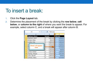 To insert a break:
1. Click the Page Layout tab.
2. Determine the placement of the break by clicking the row below, cell
below, or column to the right of where you want the break to appear. For
example, select column C, and a break will appear after column B.
 