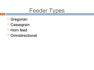 Feeder Types





Gregorian
Cassegrain
Horn feed
Omnidirectional

 