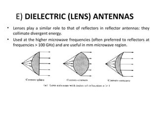 E) DIELECTRIC (LENS) ANTENNAS
•
•

Lenses play a similar role to that of reflectors in reflector antennas: they
collimate divergent energy.
Used at the higher microwave frequencies (often preferred to reflectors at
frequencies > 100 GHz) and are useful in mm microwave region.

 