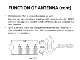 FUNCTION OF ANTENNA (cont)
•
•

•

Mismatch exist that is surrounding space as load.
Since the two wires are closed together and in opposite direction (180°),
therefore it is apparent that the radiation from one tip will cancelled that
from the other.
Figure 5.2 below, shows the energy transmitted into free space via an
open ended λ/4 transmission line. The proportion of wave escaping the
system is very small due

Figure 5.2

 