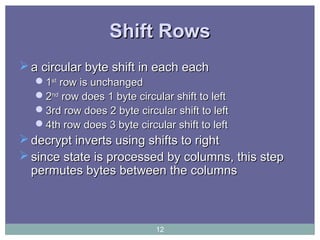 Shift RowsShift Rows
 a circular byte shift in each eacha circular byte shift in each each
11stst
row is unchangedrow is unchanged
22ndnd
row does 1 byte circular shift to leftrow does 1 byte circular shift to left
3rd row does 2 byte circular shift to left3rd row does 2 byte circular shift to left
4th row does 3 byte circular shift to left4th row does 3 byte circular shift to left
 decrypt inverts using shifts to rightdecrypt inverts using shifts to right
 since state is processed by columns, this stepsince state is processed by columns, this step
permutes bytes between the columnspermutes bytes between the columns
12
 