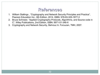 ReferencesReferences
1. William Stallings , “Cryptography and Network Security Principles and Practice”,
Pearson Education Inc., 6th Edition, 2014, ISBN: 978-93-325-1877-3
2. Bruce Schneier, “Applied Cryptography Protocols, Algorithms, and Source code in
C”, Wiley Publications, 2nd Edition, ISBN: 9971-51-348-X
3. Cryptography and Network Security, Behrouz A. Forouzan, TMH, 2007.
32
 